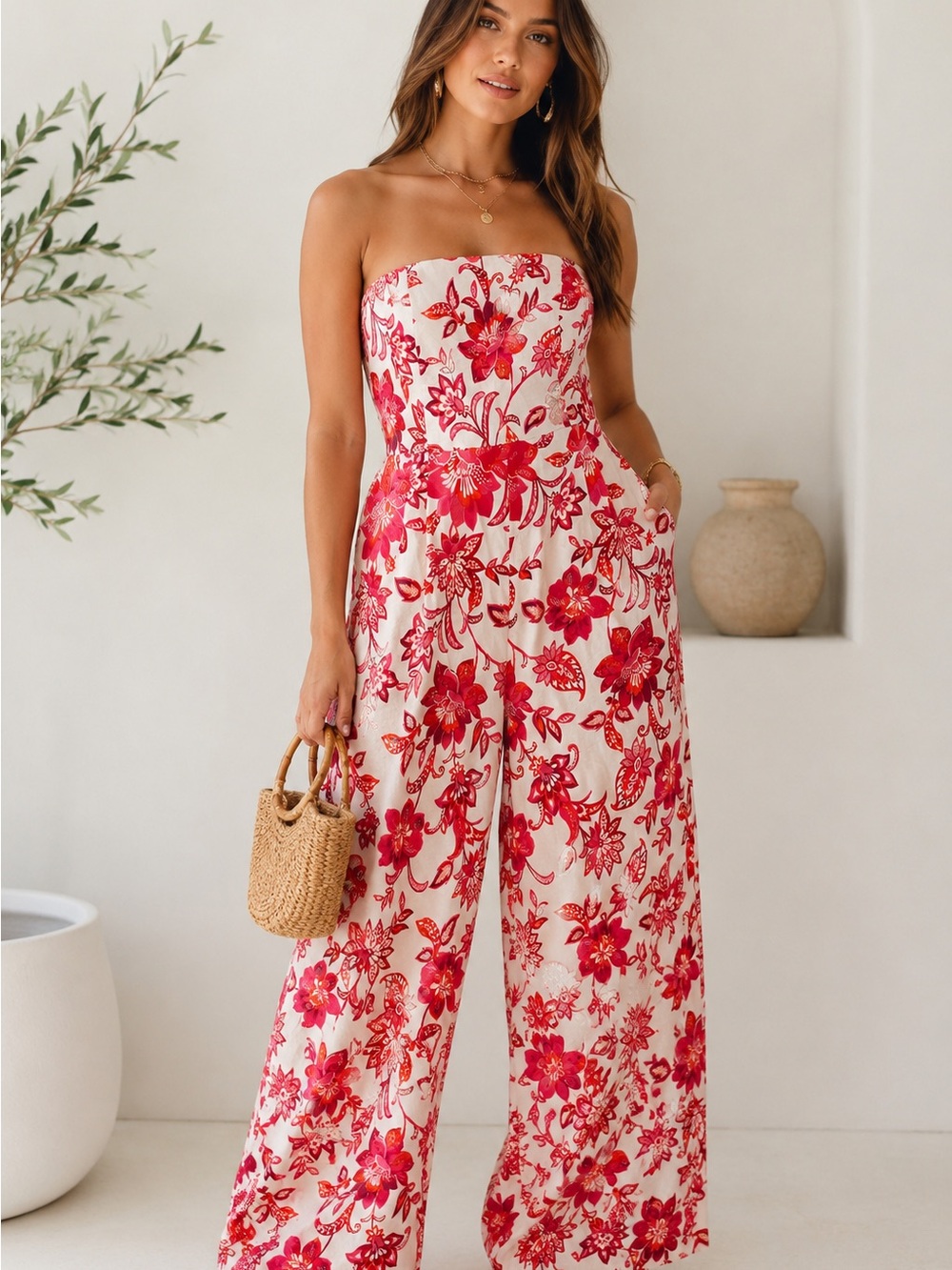 CeCe Floral Strapless Wide Leg Jumpsuit | XL | Linen Blend | Preloved Like New